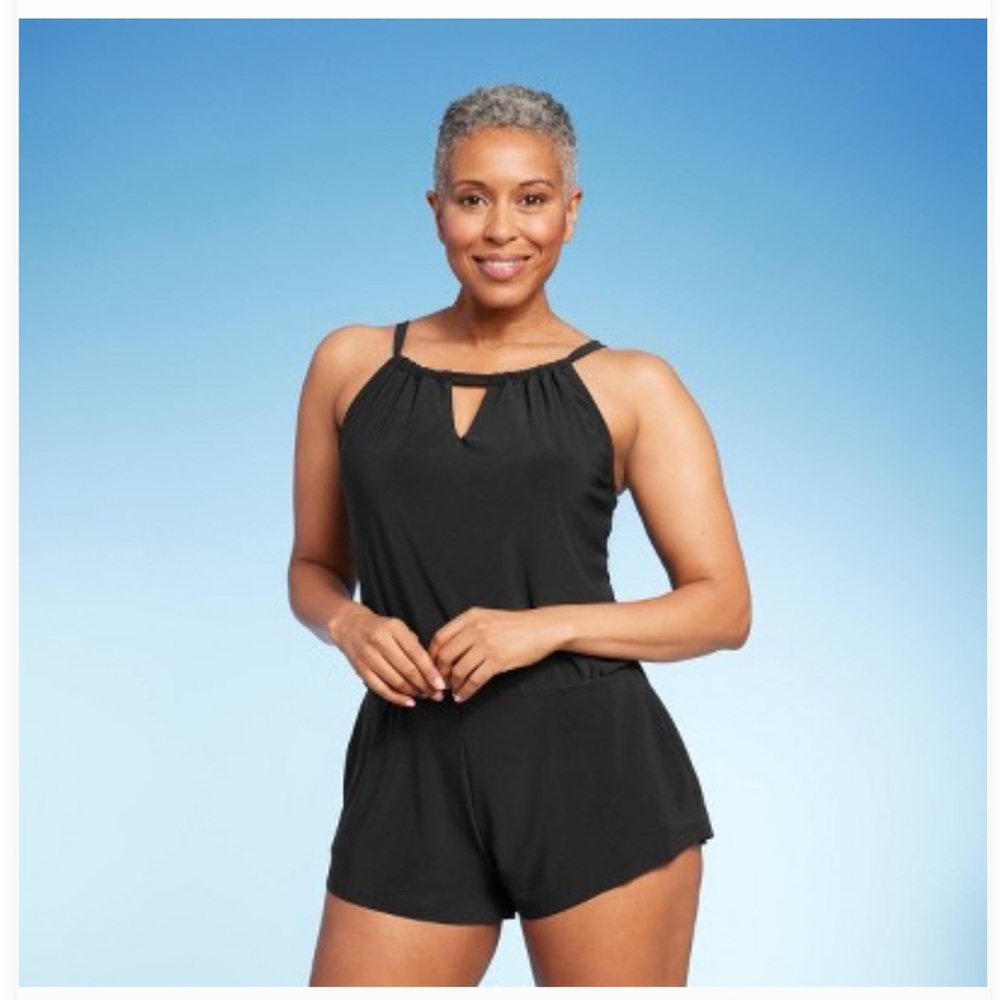 Women's High Neck Swim Romper with Pockets One Piece Swimsuit - Aqua Green XL